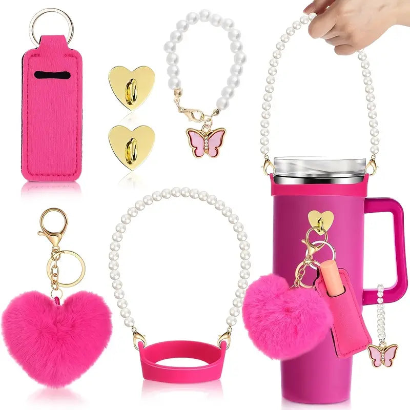 Juego de 6 accesorios Pom Pom corazón + asa + Agarradpr + dije de asa porta labial soporte de objetos rosa roja