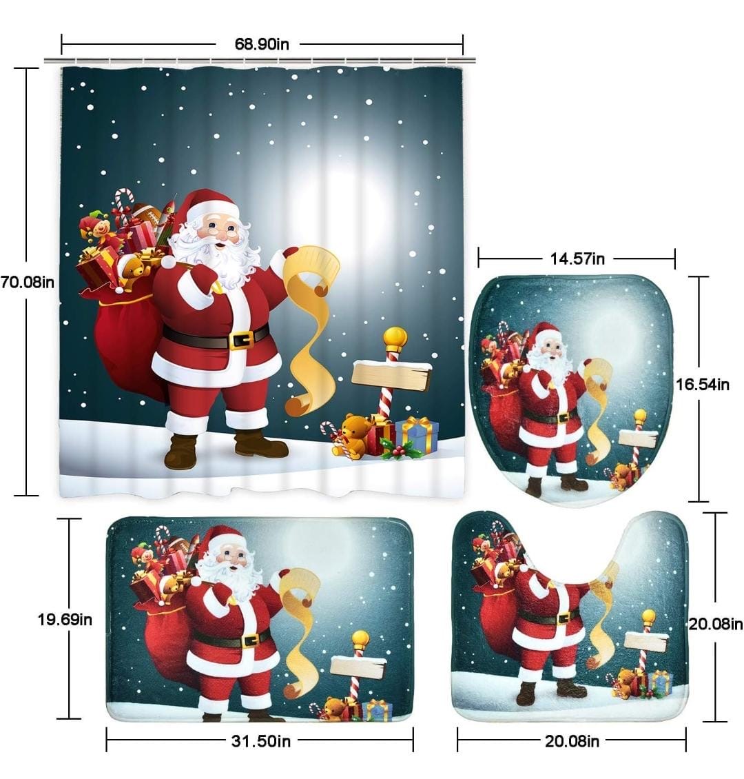 JUEGO 4 EN 1 NAVIDEÑO CON ALFOMBRA ANTIDESLIZANTE. PARA TAPA DE INODORO , TAPETE DE BAÑO BONITO Y BONITA CORTINA DE DUCHA IMPREMEABLE PAPA NOEL
