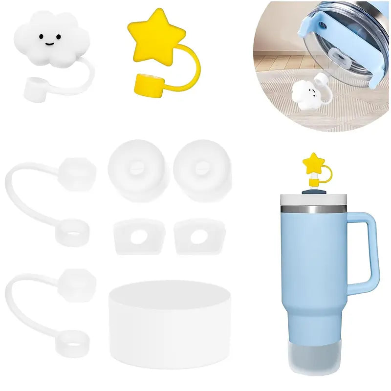 Juego de 9 accesorios Protector de cañita nube + base + cañita + dije de asa Antiderrame cepillo de canita