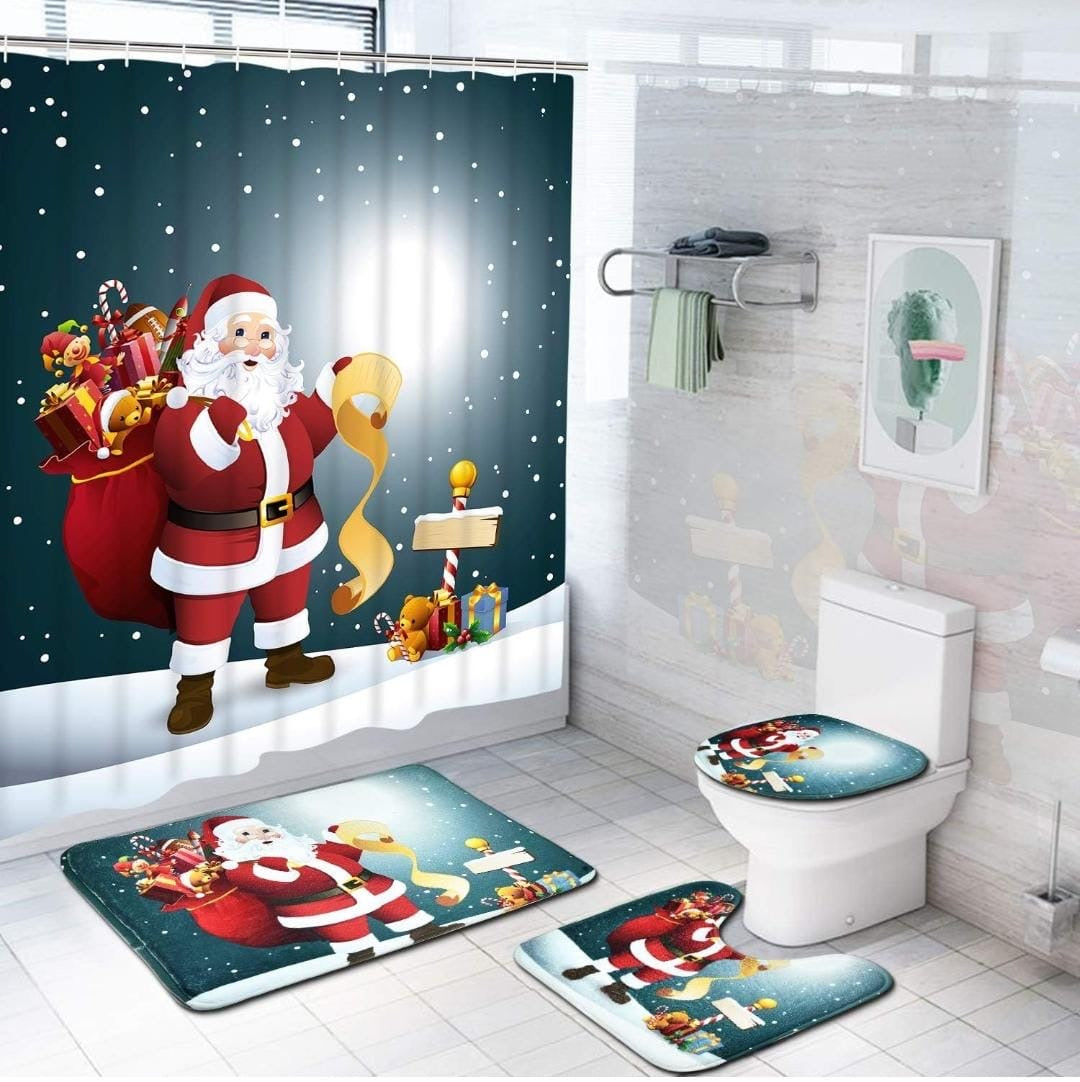 JUEGO 4 EN 1 NAVIDEÑO CON ALFOMBRA ANTIDESLIZANTE. PARA TAPA DE INODORO , TAPETE DE BAÑO BONITO Y BONITA CORTINA DE DUCHA IMPREMEABLE PAPA NOEL