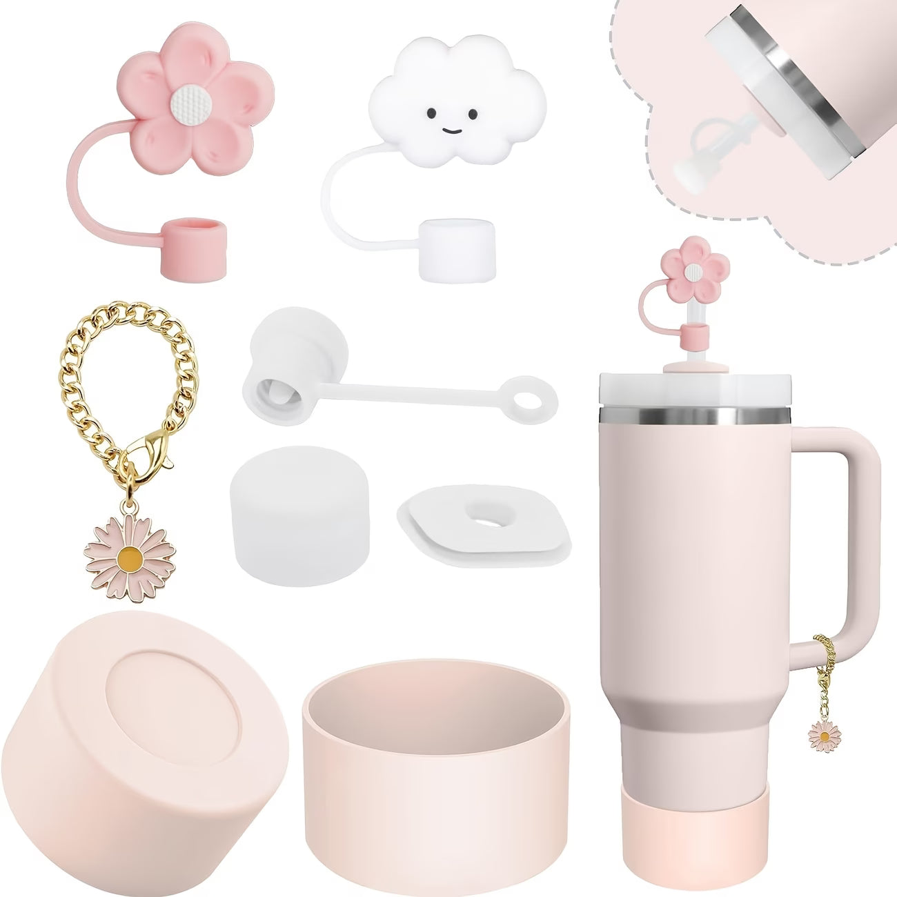 Set 7 accesorios /Antiderrame - Base / nube- Flor // Rosa