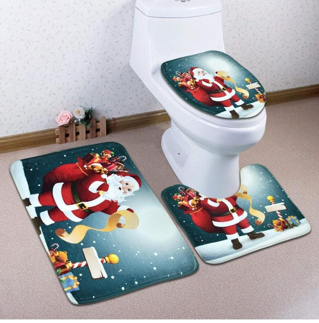 JUEGO 4 EN 1 NAVIDEÑO CON ALFOMBRA ANTIDESLIZANTE. PARA TAPA DE INODORO , TAPETE DE BAÑO BONITO Y BONITA CORTINA DE DUCHA IMPREMEABLE PAPA NOEL