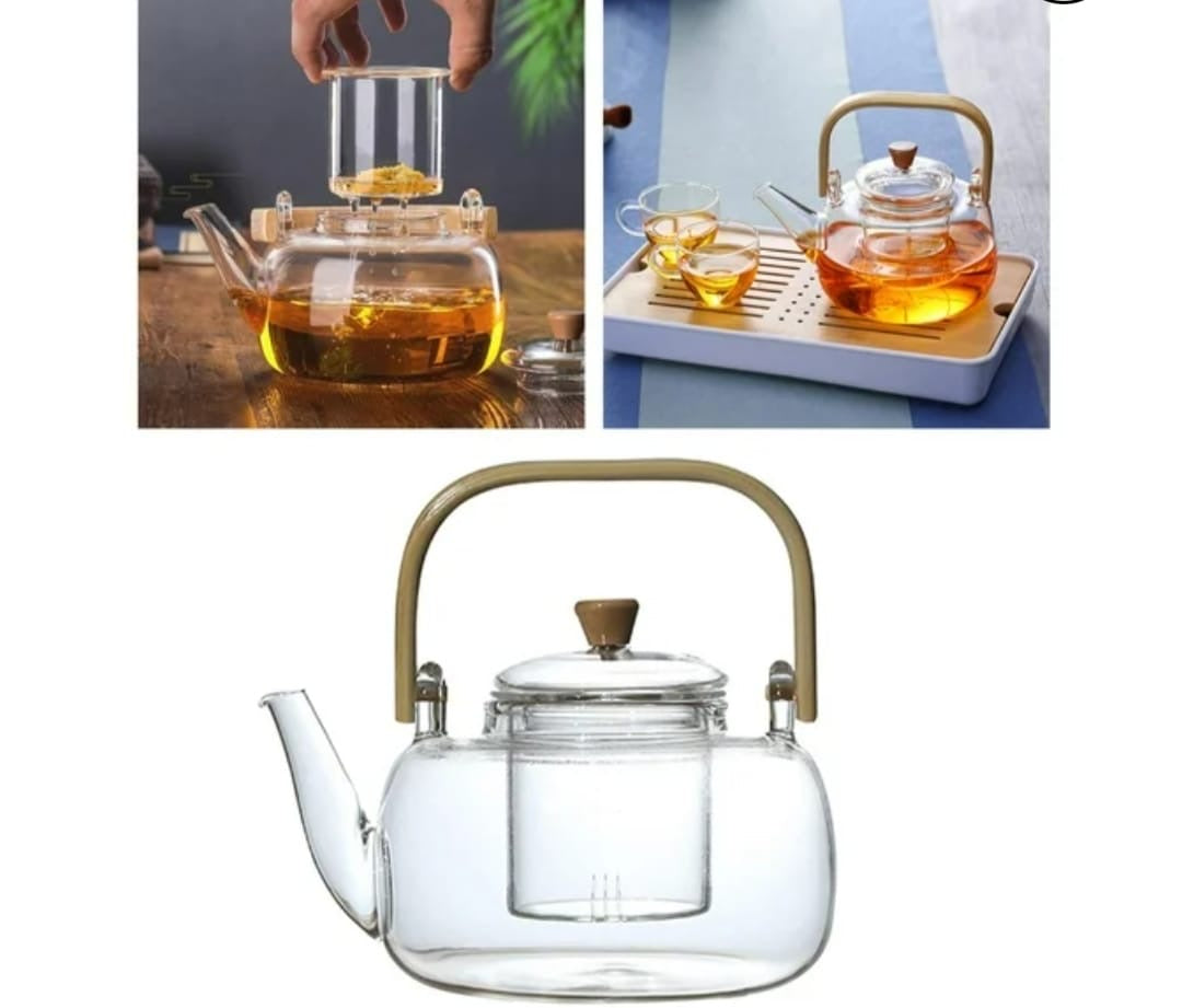 Tetera de vidrio de borosilicato con asa y detalle en tapa de bambú