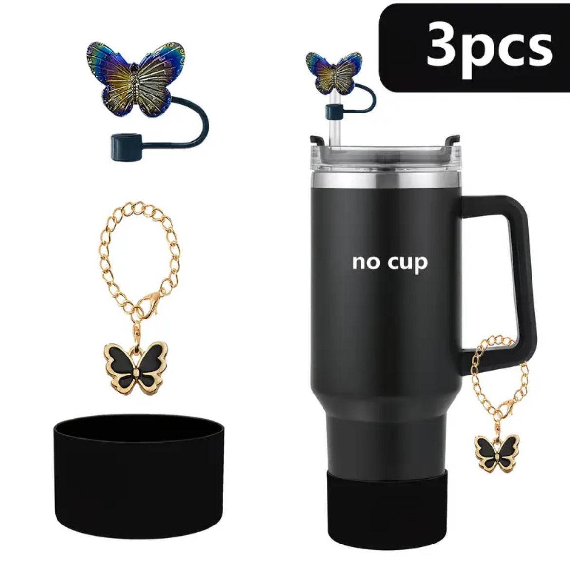 Set de 3. Accesorios /Base + Dije + Protector de cañita mariposa / Negro