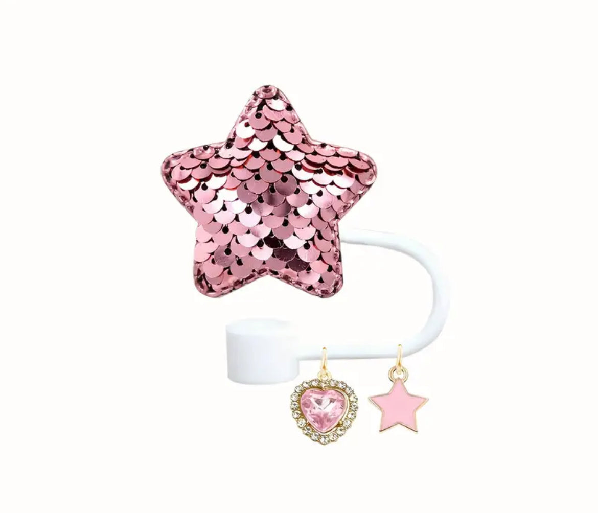 Protector de cañita. Estrella con lentejuelas + Dijes / Rosa
