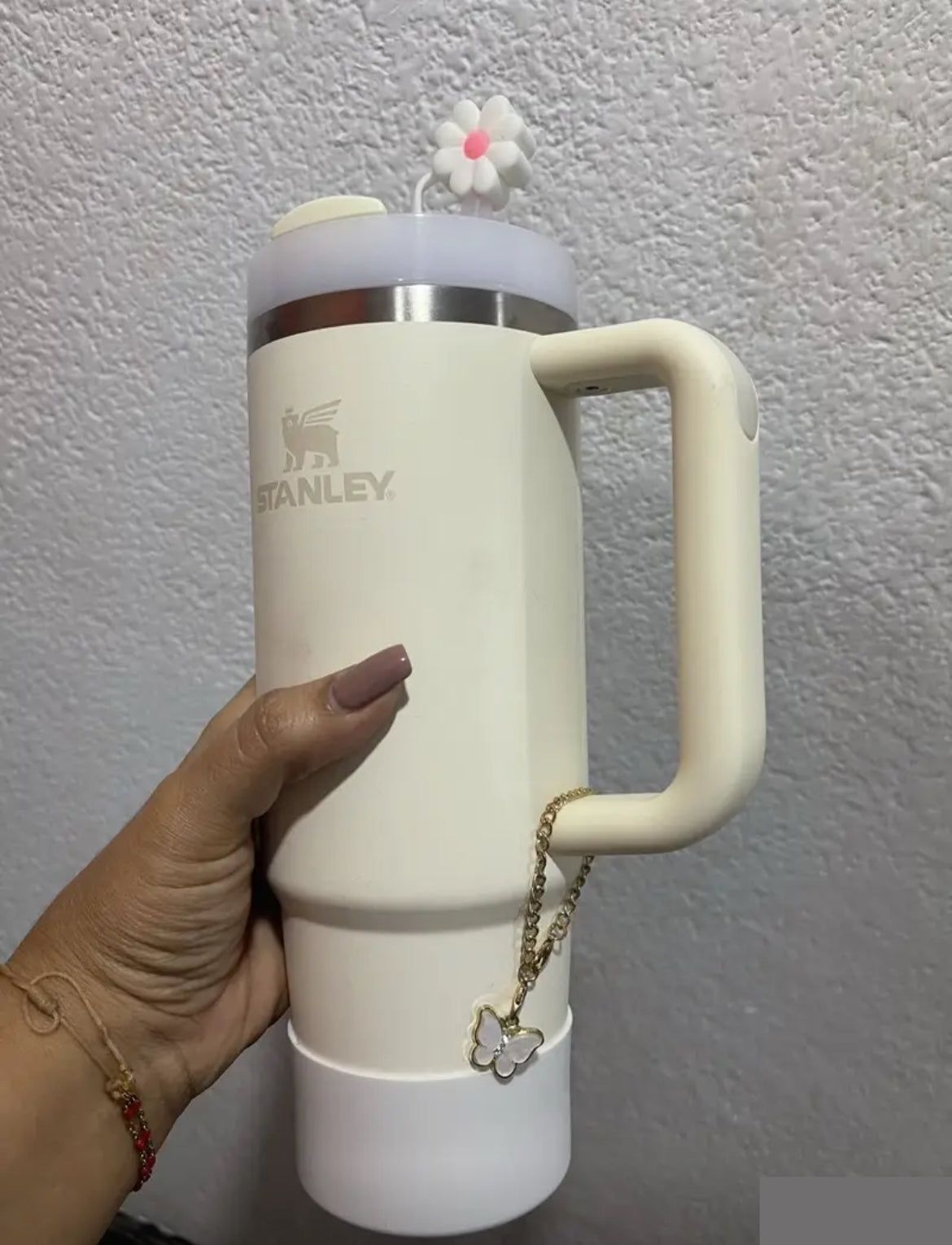 Juego de 4 accesorios Protector de cañita flor + base + cañita + dije de asa - Blanco