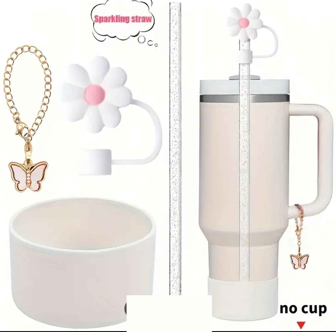 Juego de 4 accesorios Protector de cañita flor + base + cañita + dije de asa - Blanco (Copia)