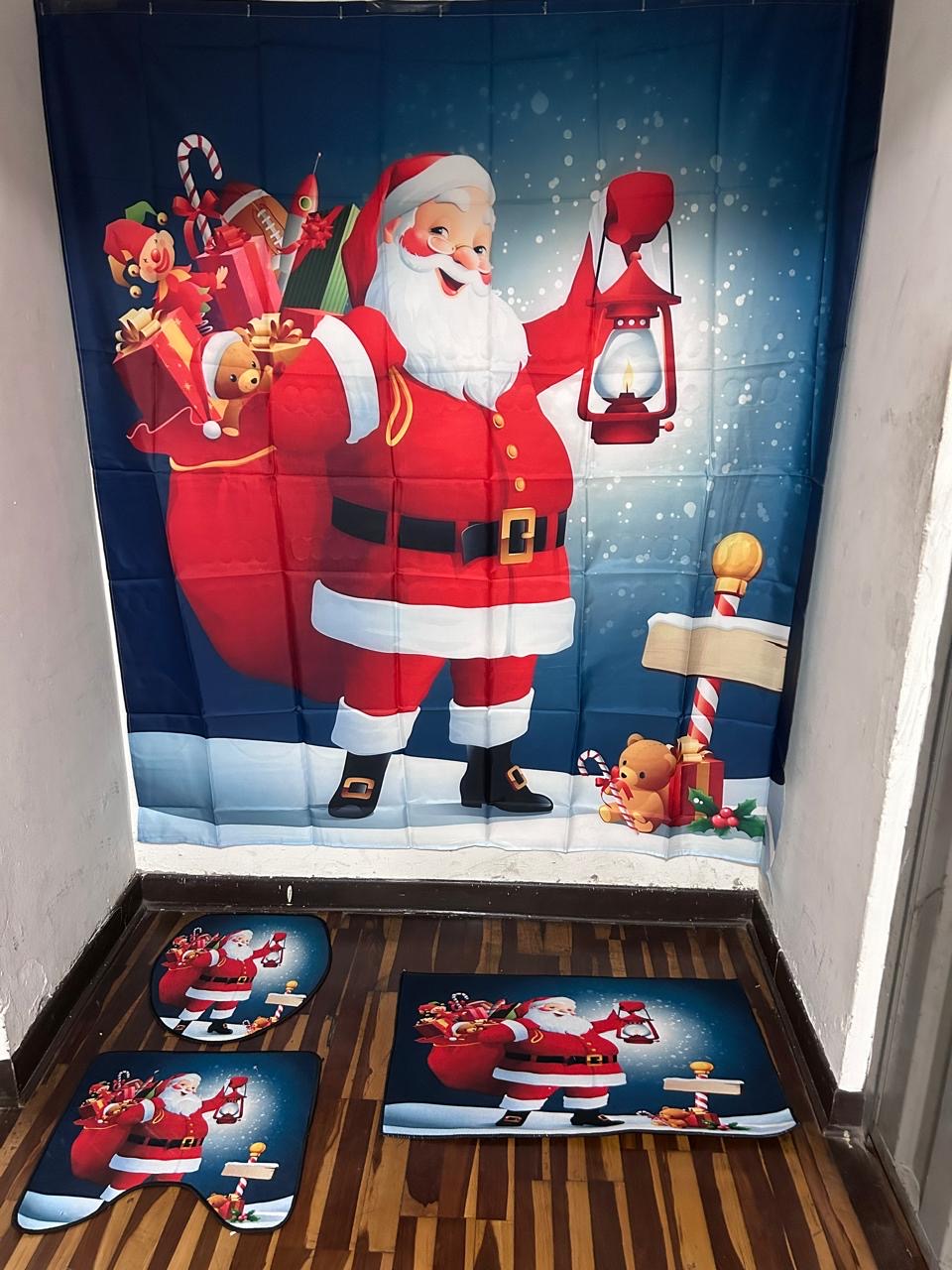 JUEGO 4 EN 1 NAVIDEÑO CON ALFOMBRA ANTIDESLIZANTE. PARA TAPA DE INODORO , TAPETE DE BAÑO BONITO Y BONITA CORTINA DE DUCHA IMPREMEABLE PAPA NOEL
