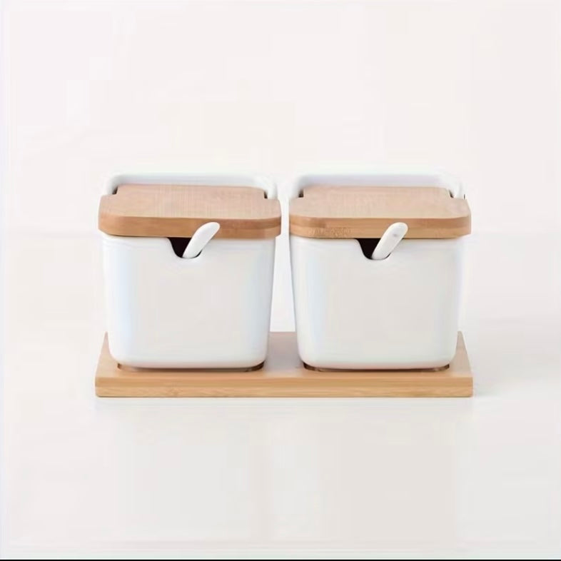 Salsera de cerámica con tapa de
bambú y cuchara