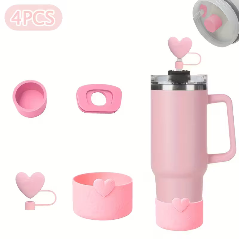 Juego de 4 Accesorios / Antiderrame corazón  / Rosa //