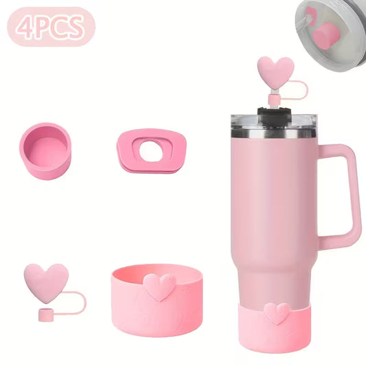 Juego de 4 Accesorios / Antiderrame corazón  / Rosa //