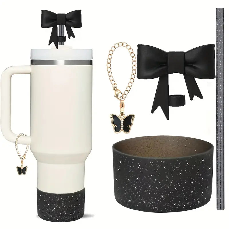 Juego de 4 accesorios Protector de cañita flor + base + cañita + dije de asa -black