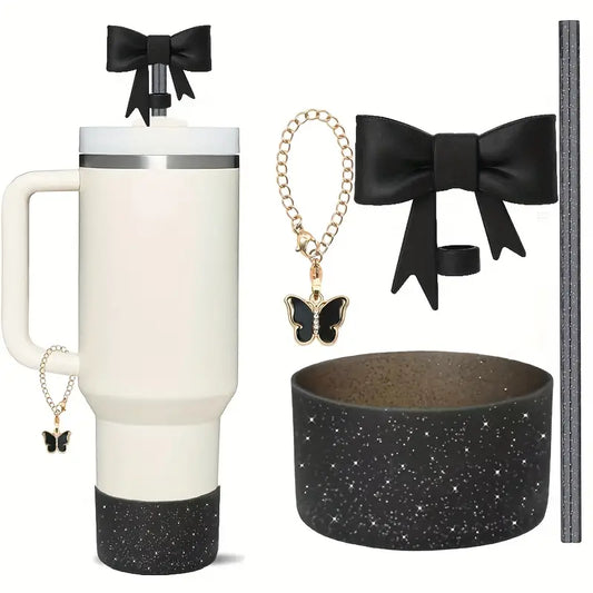 Juego de 4 accesorios Protector de cañita flor + base + cañita + dije de asa -black