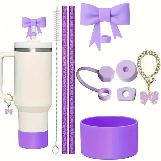 Juego de 9 accesorios Protector de cañita + base + cañita + dije de asa  Antiderrame  cepillo  de canita- Purpura