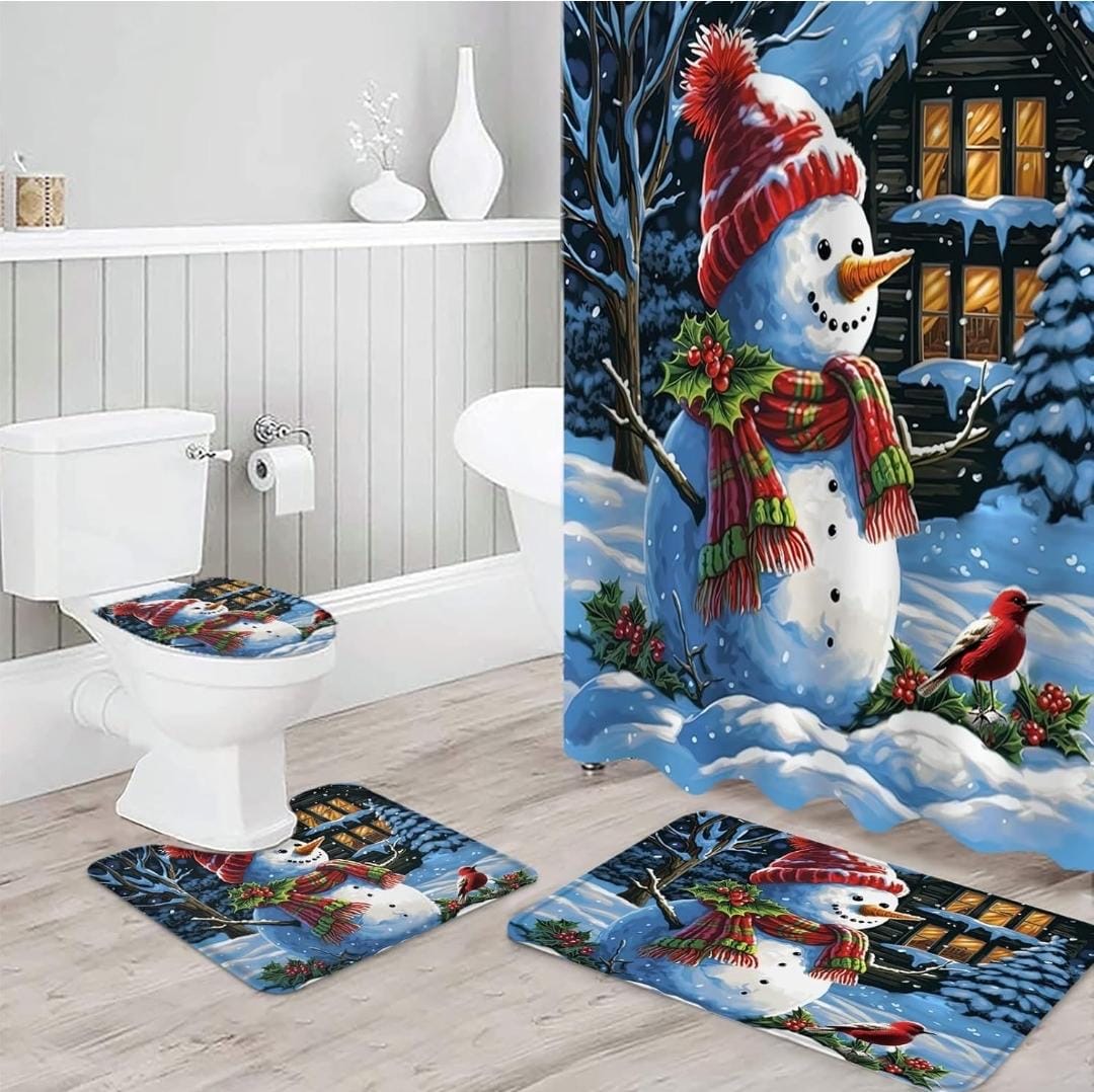 JUEGO 4 EN 1 NAVIDEÑO CON ALFOMBRA ANTIDESLIZANTE. PARA TAPA DE INODORO , TAPETE DE BAÑO BONITO Y BONITA CORTINA DE DUCHA IMPREMEABLE PAPA NOEL