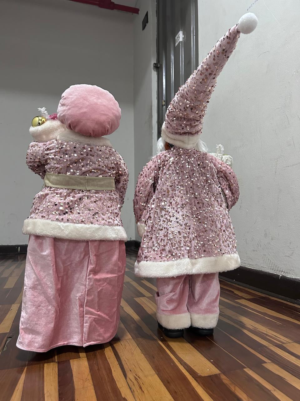 HERMOSOS PAREJA DE ADORNOS NAVIDEÑO ORO ROSA PAPÁ NOEL Y MAMÁ NOELA
