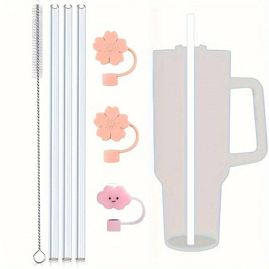 Juego de 7 pc - 3 Sorbetes reutilizables con 3 tapas adorables y 1 cepillo de limpieza,