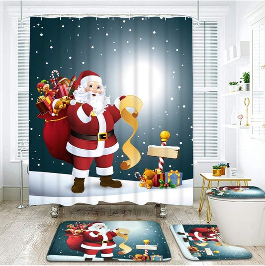 JUEGO 4 EN 1 NAVIDEÑO CON ALFOMBRA ANTIDESLIZANTE. PARA TAPA DE INODORO , TAPETE DE BAÑO BONITO Y BONITA CORTINA DE DUCHA IMPREMEABLE PAPA NOEL