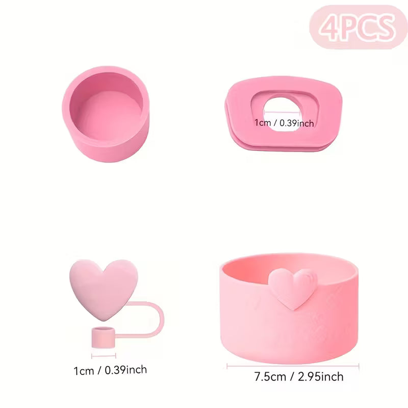 Juego de 4 Accesorios / Antiderrame corazón  / Rosa //