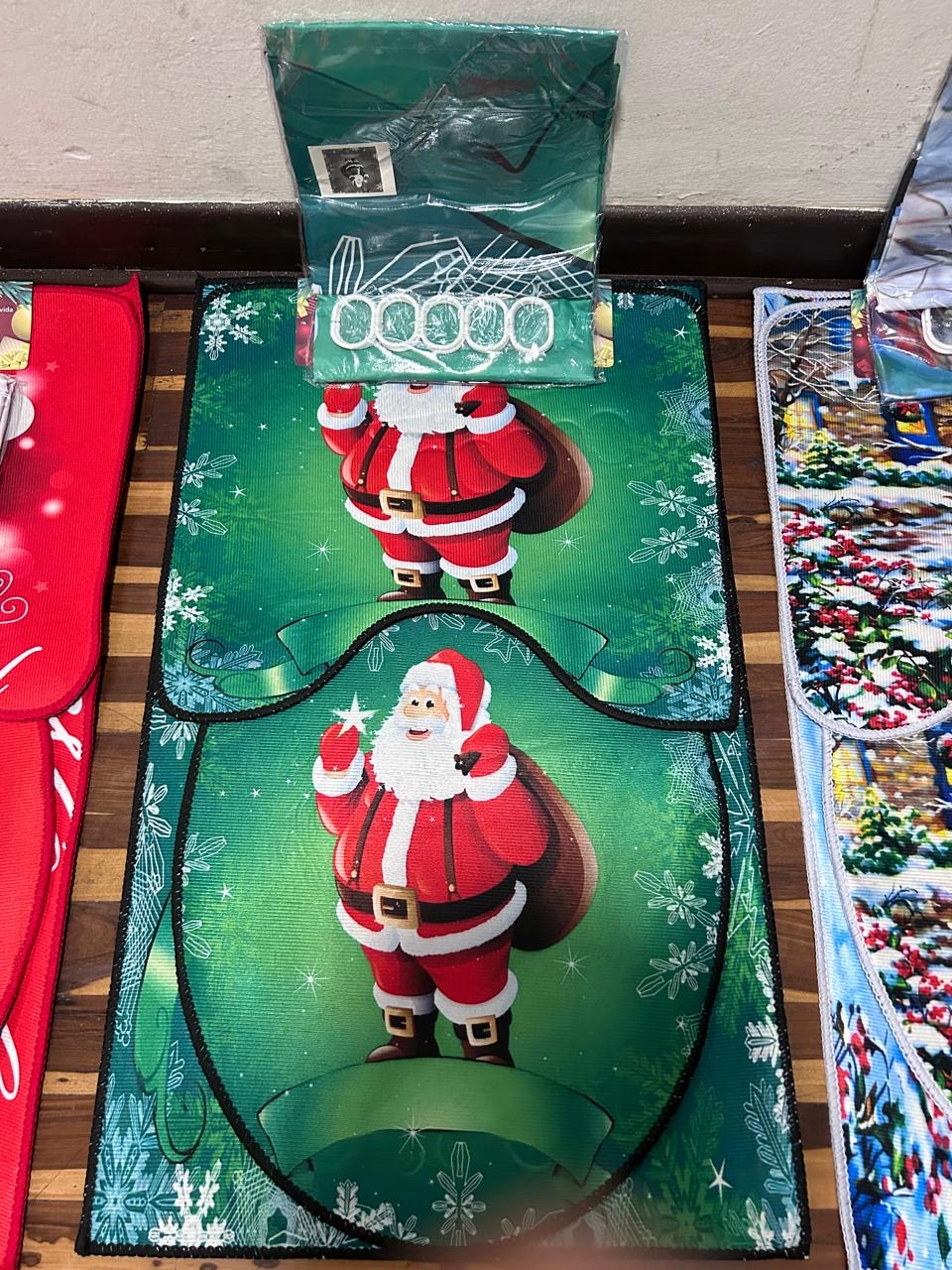 JUEGO 4 EN 1 NAVIDEÑO CON ALFOMBRA ANTIDESLIZANTE. PARA TAPA DE INODORO , TAPETE DE BAÑO BONITO Y BONITA CORTINA DE DUCHA IMPREMEABLE PAPA NOEL