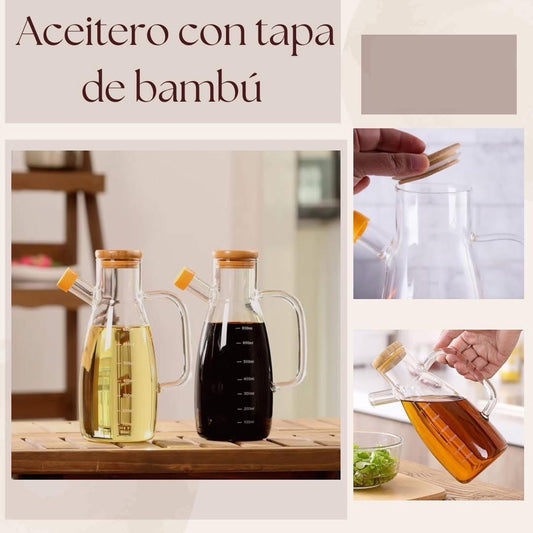 Aceitero con tapa tapa de bambú