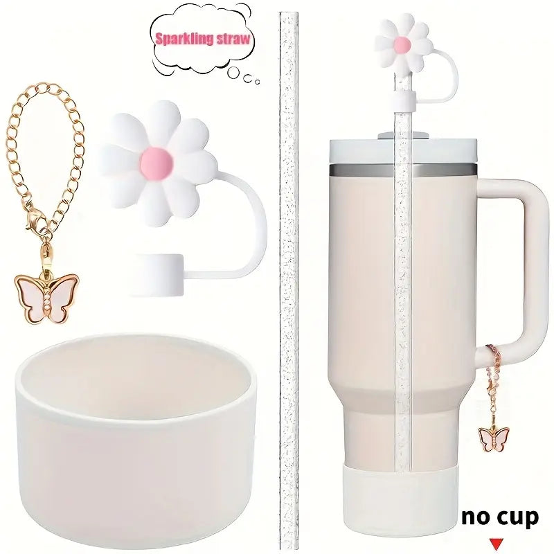 Juego de 4 accesorios Protector de cañita flor + base + cañita + dije de asa - Blanco (Copia)