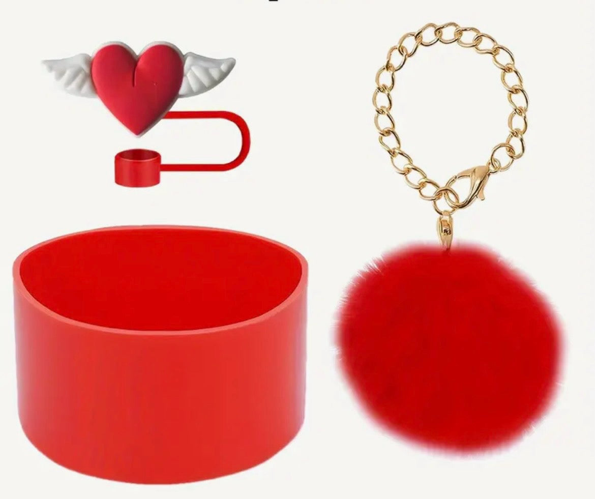 Kit protector de cañita corazón - Base & Pompom //3 pc // Red //