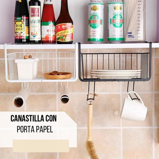 Canastilla organizadora con porta papel toalla y porta vasos