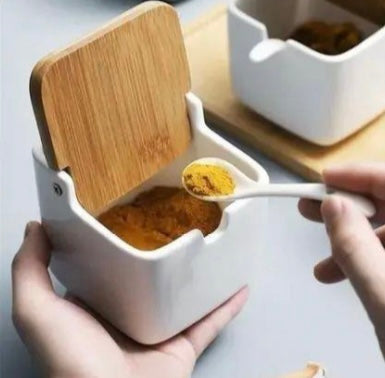 Salsera de cerámica con tapa de
bambú y cuchara