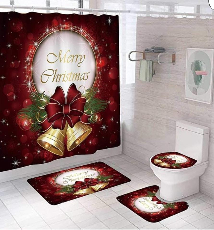 JUEGO 4 EN 1 NAVIDEÑO CON ALFOMBRA ANTIDESLIZANTE. PARA TAPA DE INODORO , TAPETE DE BAÑO BONITO Y BONITA CORTINA DE DUCHA IMPREMEABLE PAPA NOEL
