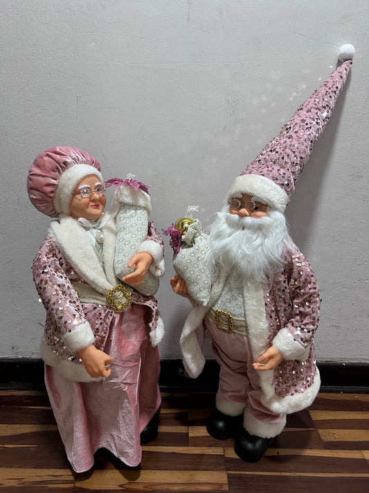 HERMOSOS PAREJA DE ADORNOS NAVIDEÑO ORO ROSA PAPÁ NOEL Y MAMÁ NOELA