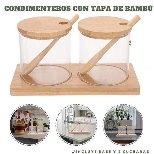 Pack de 2 Condimenteros con tapa de bambú y base