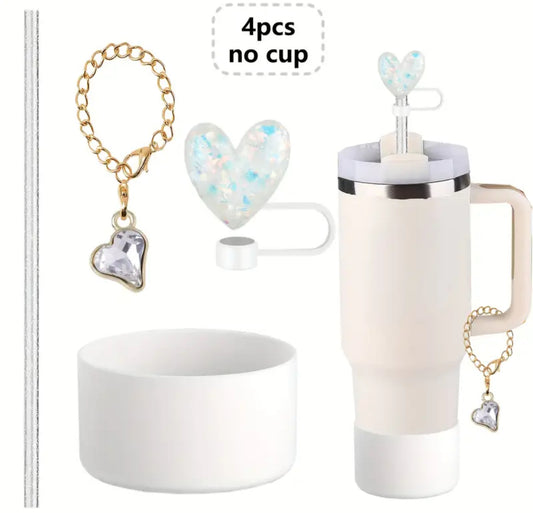 Set de protector corazón + dije + cañita // Blanco // 4 pc