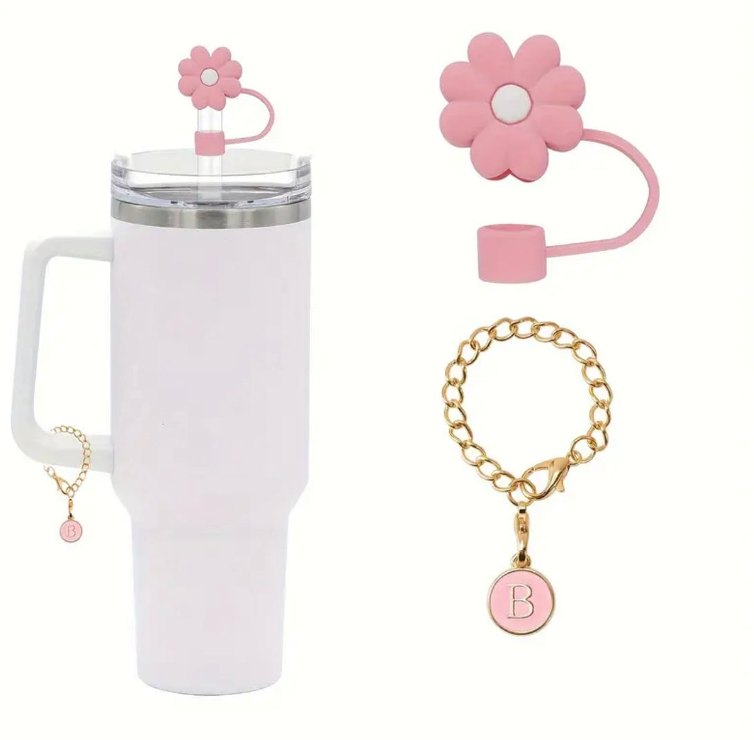 Protector de cañita flor. Rosa y incial