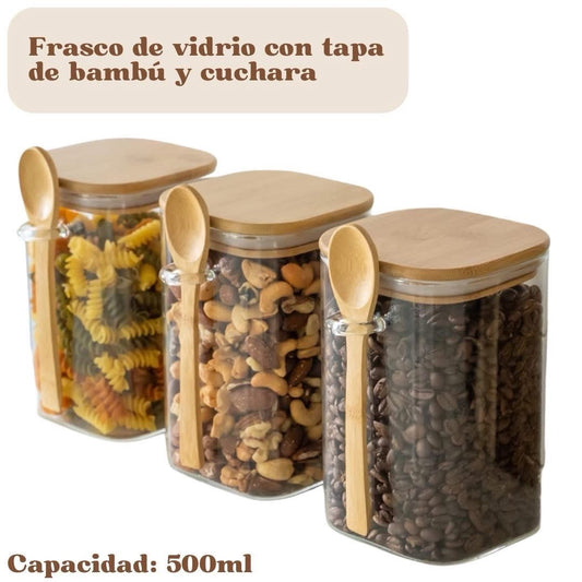 Frasco hermético de vidrio con tapa de bambú y cuchara