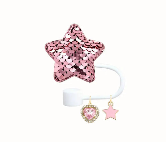 Protector de cañita. Estrella con lentejuelas + Dijes / Rosa