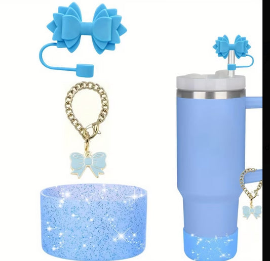 Set de 3 accesorios //protector de cañita // Lazo / celeste //