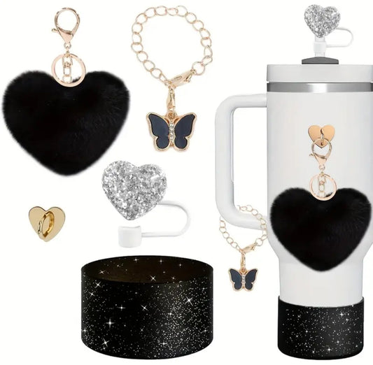 Set 5 pc // Pom-Pom negro corazón & Accesorios