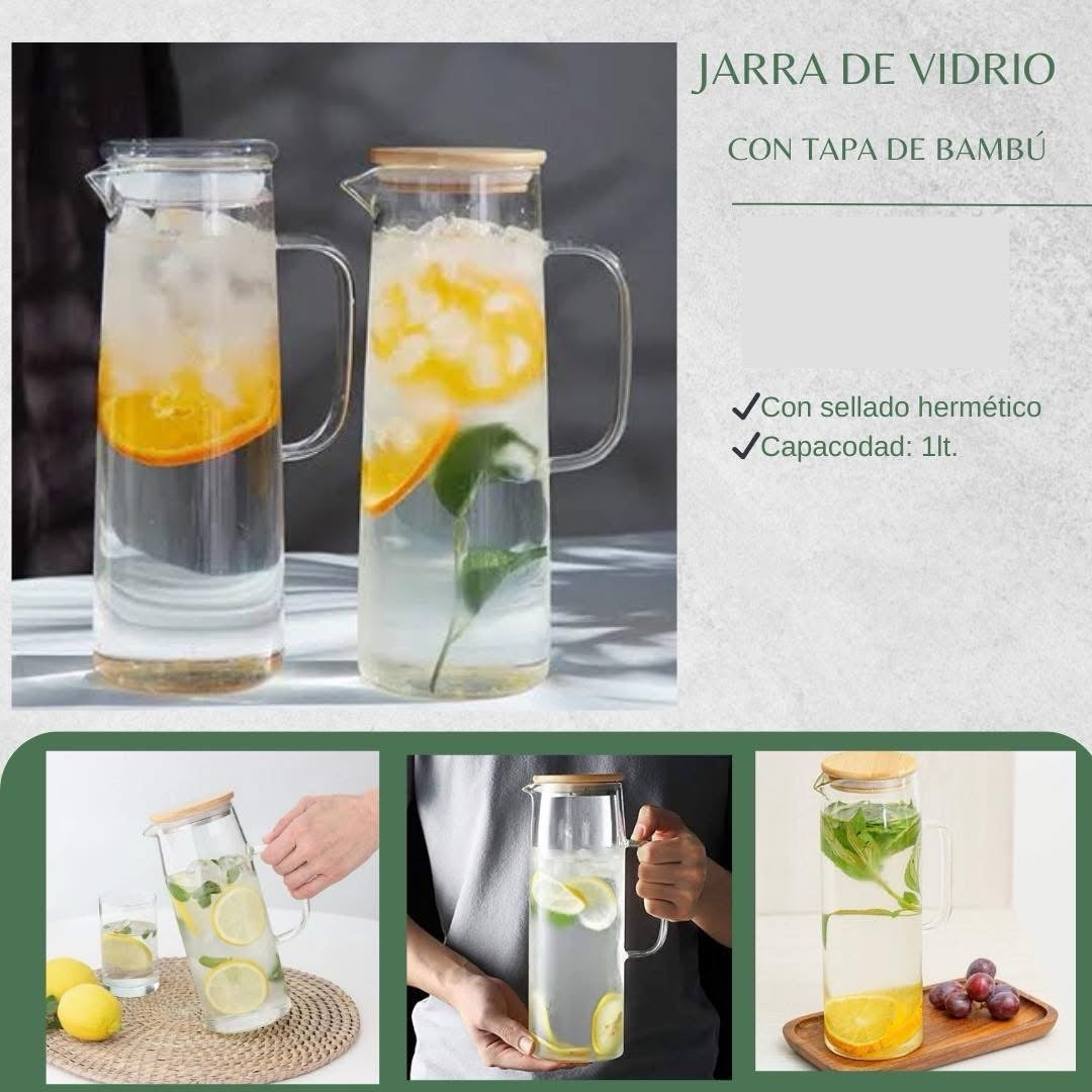 Jarra de vidrio con tapa de bambú 1 litro