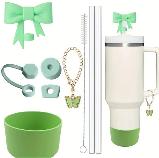 Set de 9 accesorios protector de cañita + antiderrames + base  + Dije de asa + 2 cañita + cepillo de limpieza  // verde //