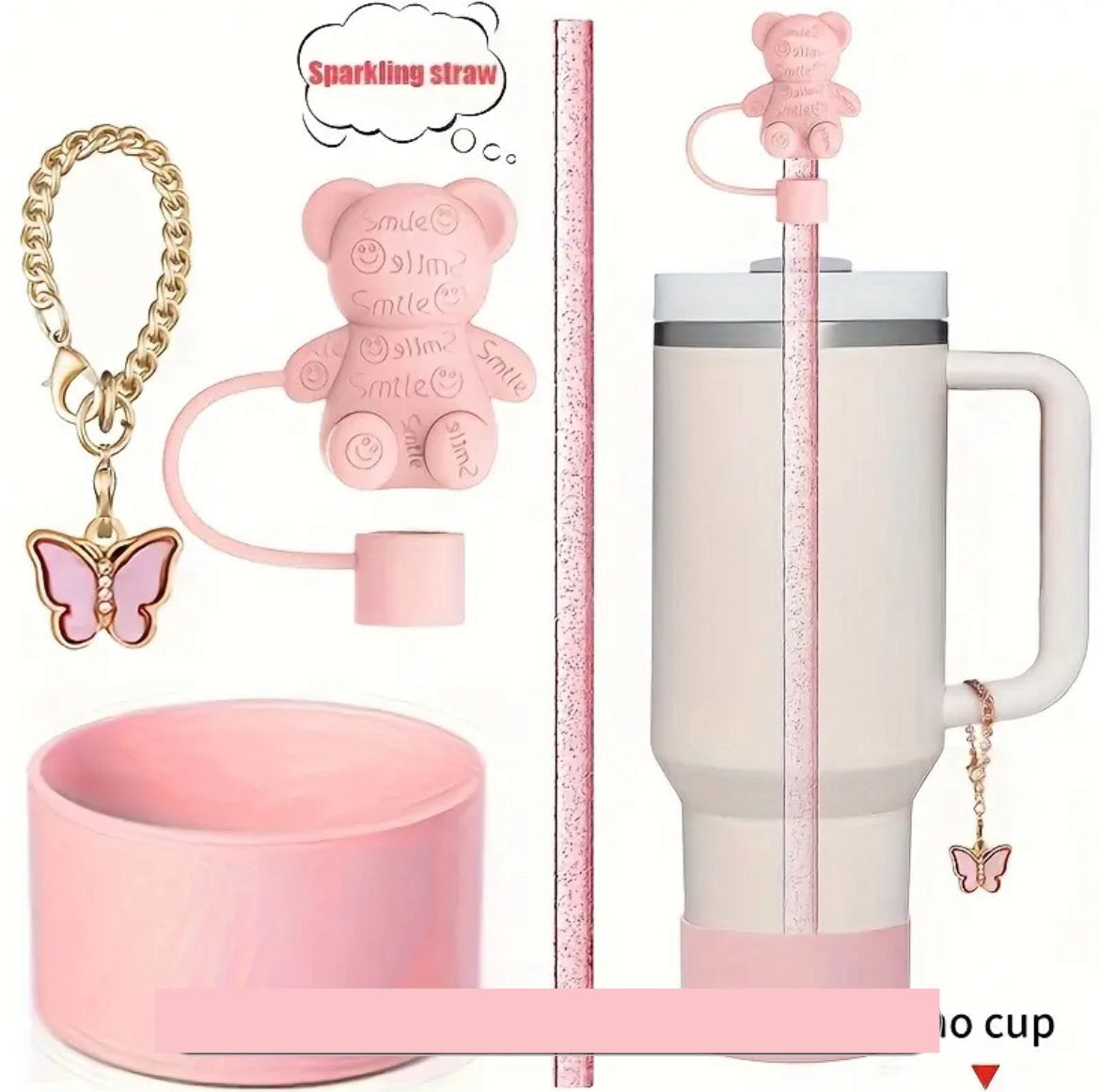 Set de 4 piezas Protector de cañita oso - dije de asa - Base -sorbete //rosa //