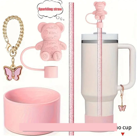 Set de 4 piezas Protector de cañita oso - dije de asa - Base -sorbete //rosa //