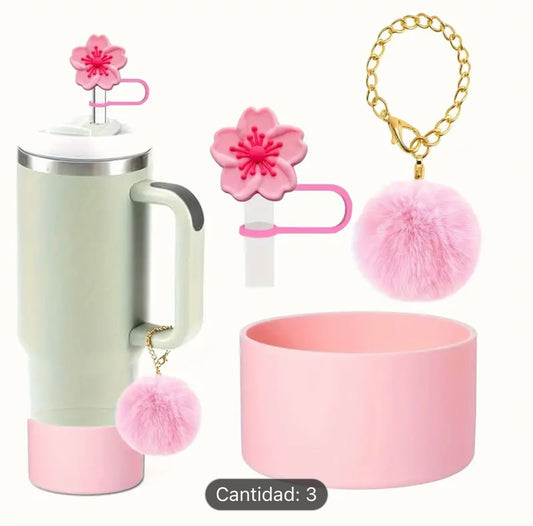 Set de protector de cañita ,Pompom & Base ( Rosa )