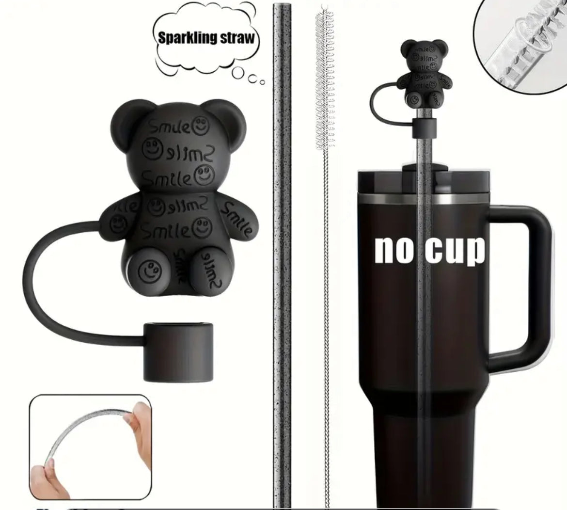 Set de 3 pc // Protector de cañita oso+  cañita  o sorbete + cepillo de limpieza // Black