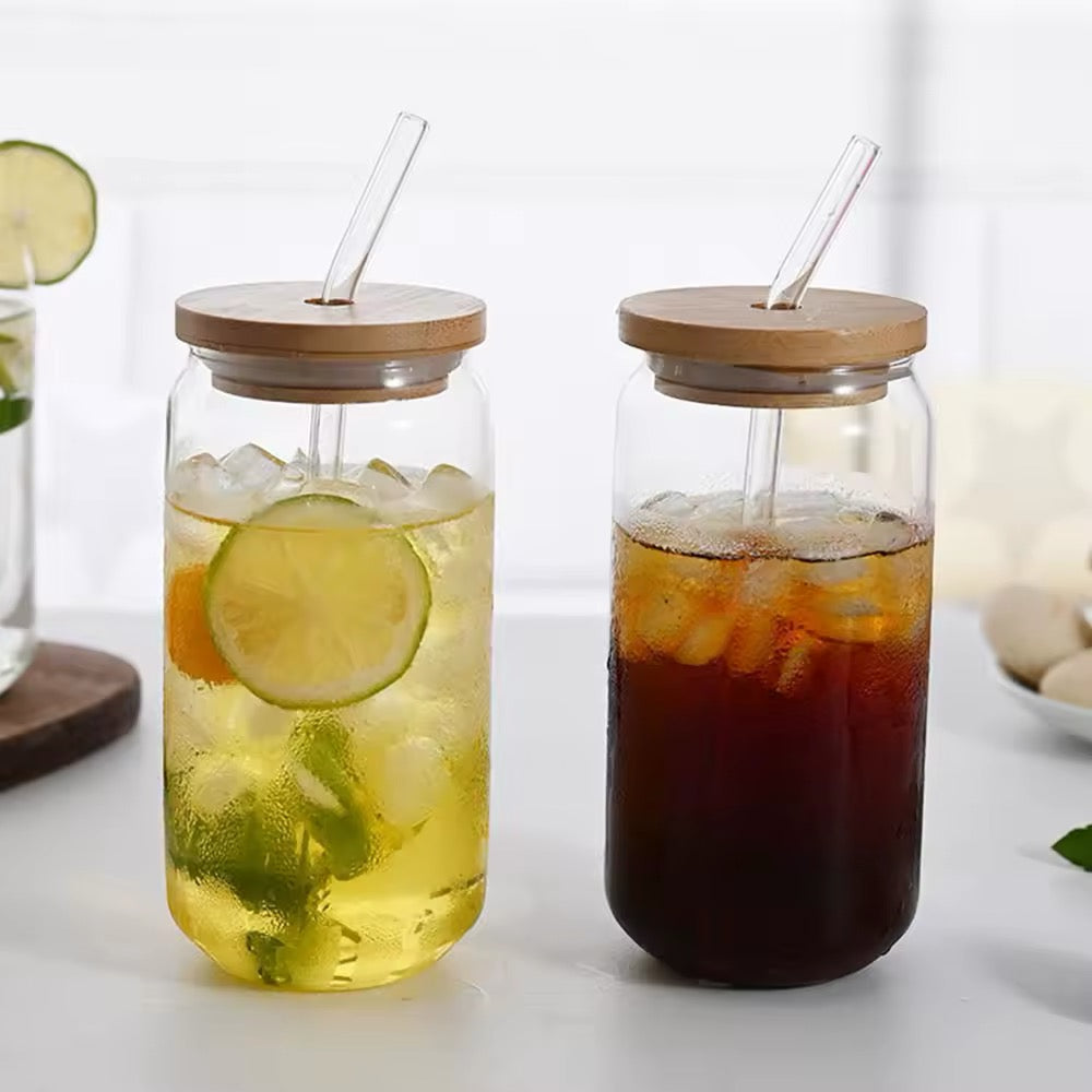 Vaso con tapa de bambú y cañita ( 2 unidades )