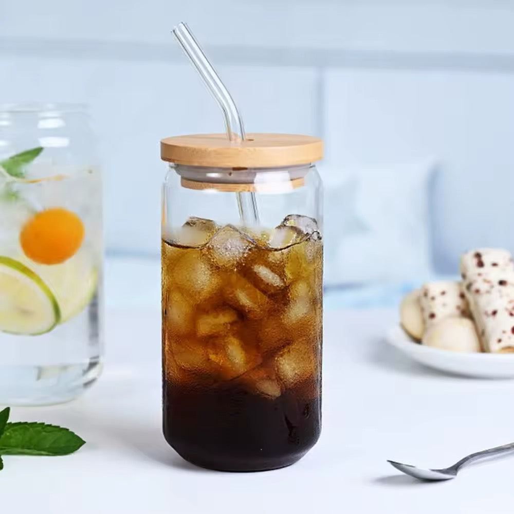 Vaso con tapa de bambú y cañita ( 2 unidades )