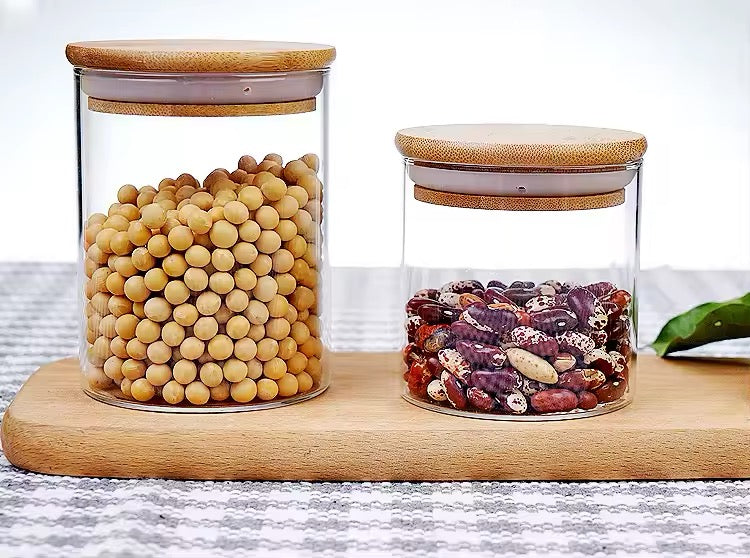 Frasco de vidrio con tapa de bambú 500 ml  (4 pc )