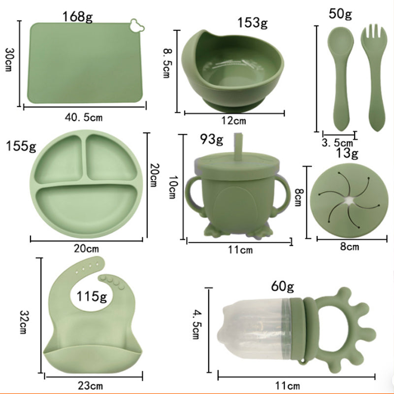 KIT DE ALIMENTACION DE SILICONA CON CUBIERTOS MADERA 9 PIEZAS MILK