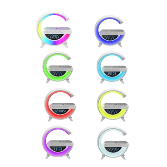 CARGADOR INALAMBRICO LAMPARA 6 EN 1 CON RELOJ, LUCES RGB PARLANTE BLUETOOTH