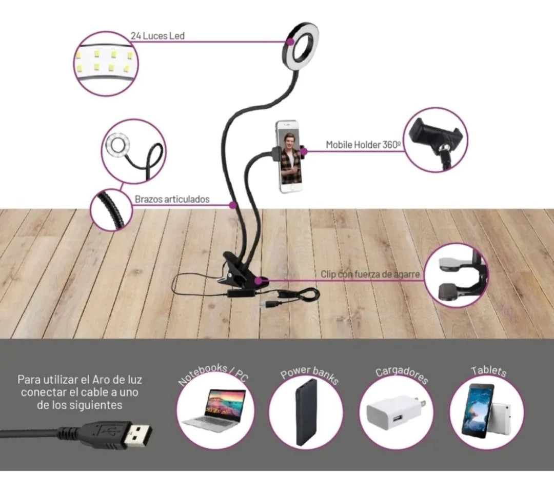 ARO DE LUZ CON SOPORTE PARA MESA